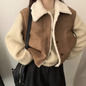 <b>Women's</b> <b>Brown</b> Sleeveless Suede <b>Vest</b> With Pocket Warm Short Woolen Outerwear Autumn Winter Loose Fit Coat - Product Image 1