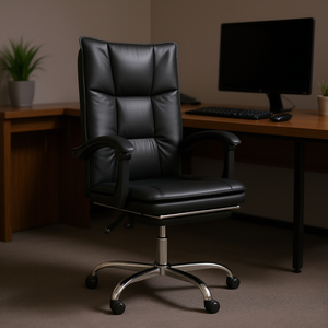 Fauteuil de bureau inclinable en cuir PU noir avec base chromée, siège pivotant de direction - Product Image 2