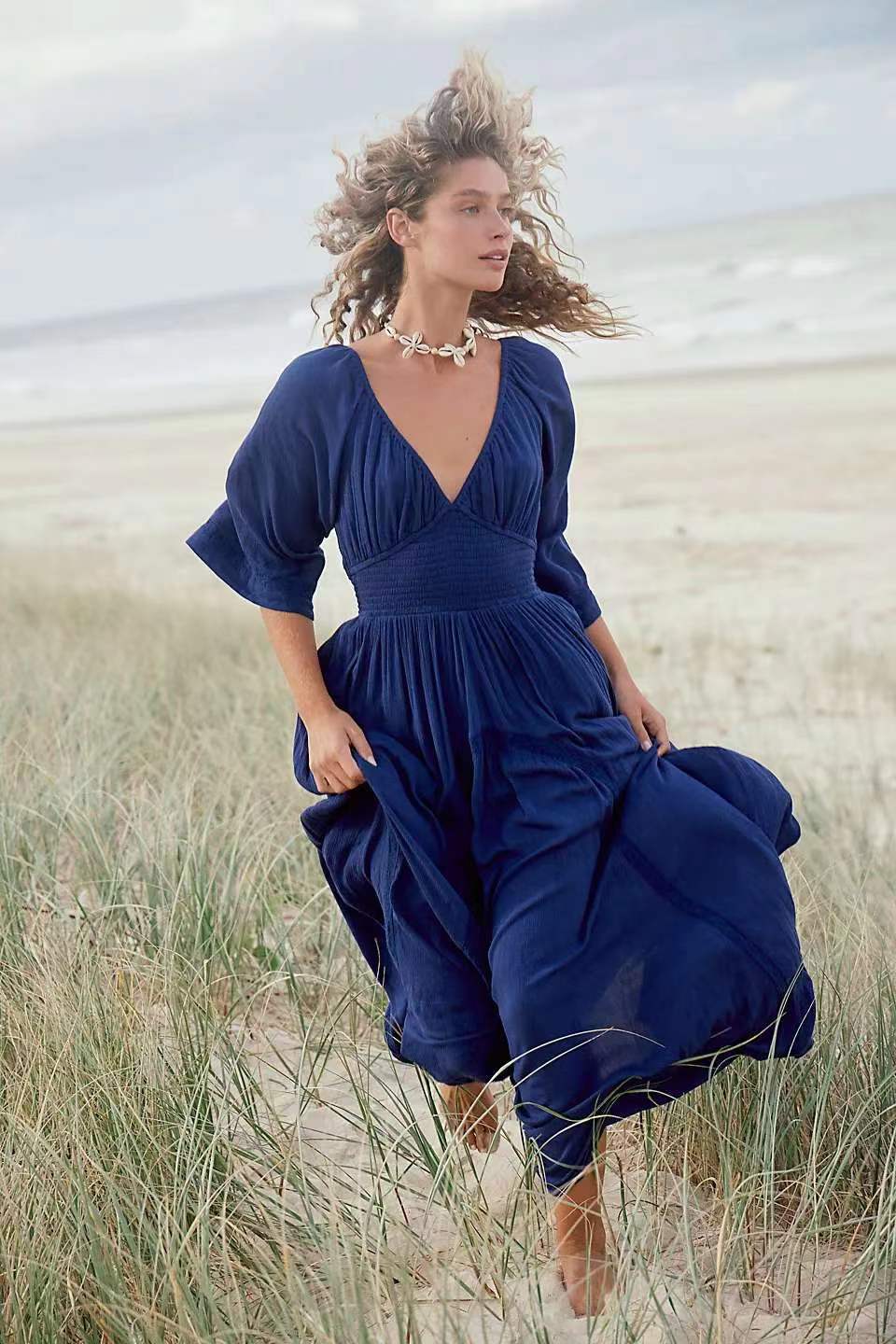 Maxi Abito Bohémien In Chiffon E Pizzo Per Donna, Maniche Lunghe, Scollo All'Americana, Vita Alta, Gonna Lunga Fino Alla Caviglia, Perfetto Per La Spiaggia E Il Tempo Libero