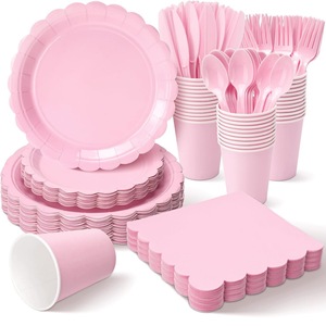 Nouvel ensemble de vaisselle jetable en papier rose en dentelle pour fête d'<span class=keywords><strong>anniversaire</strong></span> de fille, couleur unie, 175 pièces, assiettes en papier, gobelets en papier, serviettes en papier - Product Image 1