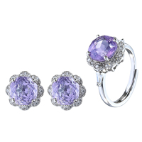 Vente en gros usine : Parure de bijoux en argent sterling 925 plaqué rhodium, avec améthyste lavande naturelle taille rose en forme de fleur, pour femme, idéale pour les soirées