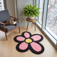 Tapis de sol doux et lavable à motif marguerite rose imprimé sur mesure, idéal pour chambre à coucher et entrée de maison – Vente en gros