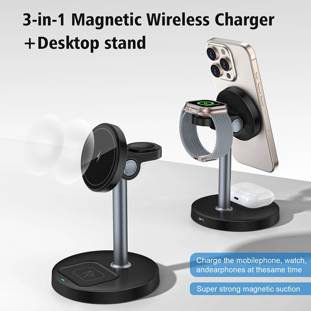 Magnetic Wireless Charger with Adjustable Stand for IPhone 16/15/14/13 Pro Max IWatch Airpods 15W Fast Charging