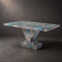 Table à manger de luxe à motif marbre bleu, plateau en pierre artificielle et base sur pied unique pour mobilier de villa haut de gamme, personnalisable