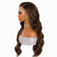 MEILASI 260905-06 Perruque synthétique transparente 13x4 non-Remy, marron miel blond méché, longue, ondulée, avec baby hair, sans colle