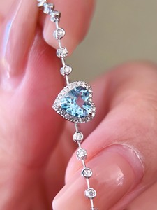 Xinfly 18k <b>Solid</b> White Gold Woman's Diamond Aquamarine Gemstone Heart <b>Bracelet</b> for Anniversary - Product Image 3