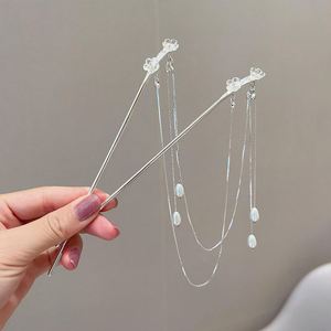 Horquillas de aleación con doble flor, borlas y perlas, soporte para moño, joyería para el cabello, horquillas estilo chino con diseño de abanico, accesorios para el cabello Cheongsam - Product Image 2