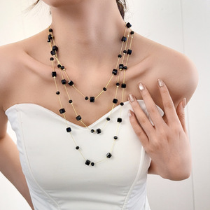Crystal <b>Necklace</b> Multi Layer Geometric Black Cube Women's Everyday Wear <b>Long</b> Chain U Shape Fashion Jewelry Accessory - Product Image 4