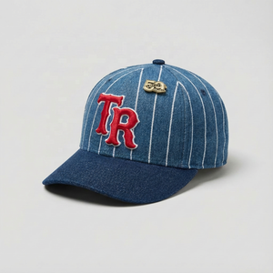 Casquette de baseball structurée <span class=keywords><strong>en</strong></span> denim à rayures personnalisées, visière incurvée réglable, 6 panneaux, avec logo brodé - Product Image 1