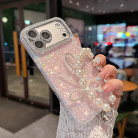 Coque de luxe 3D Cœur Strass Perles pour iPhone 18 17 Pro Max 16 15 13, coque arrière rigide avec dragonne et protection caméra scintillante