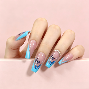 <span class=keywords><strong>Faux</strong></span> ongles papillon personnalisés à presser, forme cercueil, <span class=keywords><strong>bleu</strong></span> <span class=keywords><strong>ciel</strong></span>, French manucure, <span class=keywords><strong>faux</strong></span> ongles nude, strass brillants, gel, vente en gros OEM - Product Image 2