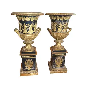 Modern outdoor garden decoration metal brass vase home floor use large carved pattern design brass flower pot for sale