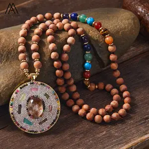 Khoáng sản đá 7 Chakra mala Vòng cổ hạt gỗ chữa bệnh tinh thể Tourmaline Mặt dây chuyền Crafted Dây chuyền Yoga thiết kế đồ trang sức