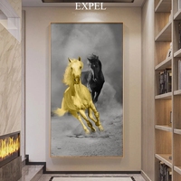 Chevaux au galop Décoration intérieure Art mural animal Cheval en verre jaune et noir Peinture en cristal de luxe