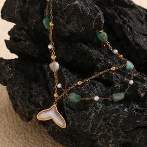 Tobillera de cadena de cuentas de turquesa de doble capa, cola de ballena, piedra Natural, joyería chapada en oro, tobillera de acero inoxidable 316L - Product Image 5