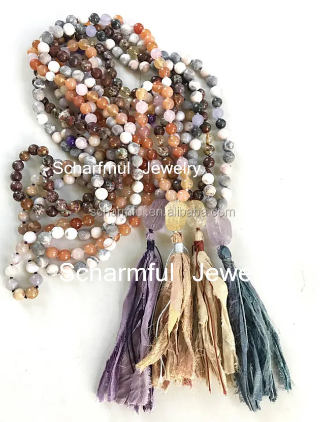 N00464 Hand Knot Gemstone Beads Sari Silk long Gemstone Stone Bead Tassel Necklace