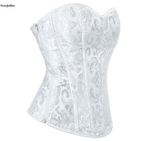 Corset Vintage Respirant et Ferme Grande Taille S-XXL pour Mariage, Corset Brocart Overbust, Bustier Jacquard en Dentelle avec Baleines pour Femme Blanc