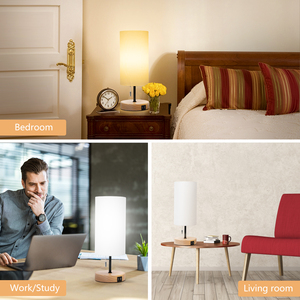 Aigostar lampada da tavolo nordica minimalista con 2 porte di ricarica USB lampade da comodino con interruttore a tirante Base in legno ABS corpo paralume in metallo - Product Image 2