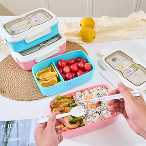 Printed Plastic <b>Compartment</b> <b>Lunch</b> <b>Box</b> With Cutlery Airtight Rectangle For Students Office Workers Pink Blue Mixed Packaging - Product Image 1