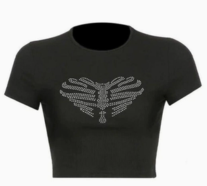 Top Corto Estampado con Corazón de Esqueleto y Pedrería para Mujer, Estilo Y2K Grunge, Ajustado, de Punto Acanalado, Manga Corta, Transpirable, Gótico Punk con Gráficos - Product Image 2