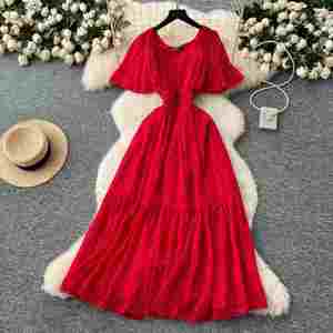 Vestido Midi de Verano para Mujer, Estilo Vintage, Cuello Cuadrado, Tejido de Gasa, Corte en A, Ajustado, Casual, Transpirable y Sostenible, Cintura Imperio - Product Image 1