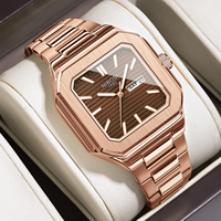 Montre pour homme NIBOSI 2690 élégante en or rose carrée avec cadran marron, date et jour, quartz, pour affaires