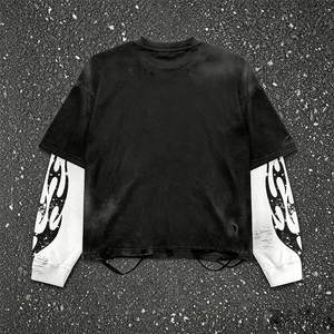 เสื้อยืดแขนยาวผู้ชายพิมพ์ลาย<span class=keywords><strong>กราฟ</strong></span>ิกพลาสติซอลแบบซ้อนทับ สไตล์สตรีทแวร์ขนาดใหญ่พิเศษ ผ้าหนา 300 กรัม ซักย้อมสีแบบแอซิดวอช ดีไซน์ขาดๆ - Product Image 2