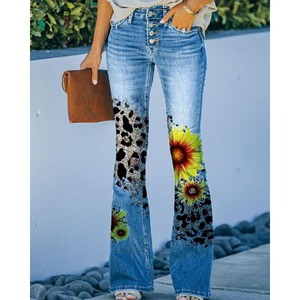 Nuova moda donna pantaloni lunghi in Denim Vintage stampa floreale <span class=keywords><strong>a</strong></span> quattro bottoni davanti <span class=keywords><strong>a</strong></span> <span class=keywords><strong>vita</strong></span> <span class=keywords><strong>bassa</strong></span> pantaloni Jeans con 2 tasche - Product Image 1