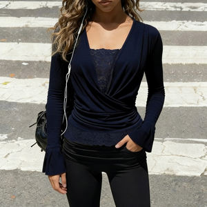 Camiseta de manga larga con cuello cruzado y doble capa con ribete de encaje, color sólido, sencilla, informal y versátil, camiseta de otoño - Product Image 5
