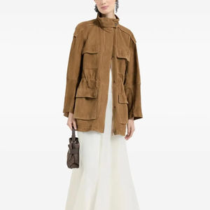 Leduo Customized Women's Faux <b>Suede</b> Leather Utility <b>Jacket</b> - Mid-Length Cinched Waist Field Coat with Multi-Pocket Design - Product Image 1