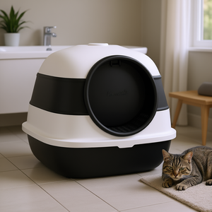 Caja de arena para gatos redonda de plástico con tapa negra antipolvo, fácil de limpiar, artículos para mascotas - Product Image 2