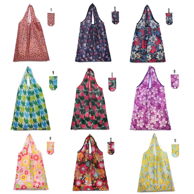 Sacs d'épicerie réutilisables bon marché en gros sacs à provisions floraux personnalisés lavables en polyester 190T durables sacs fourre-tout pliables