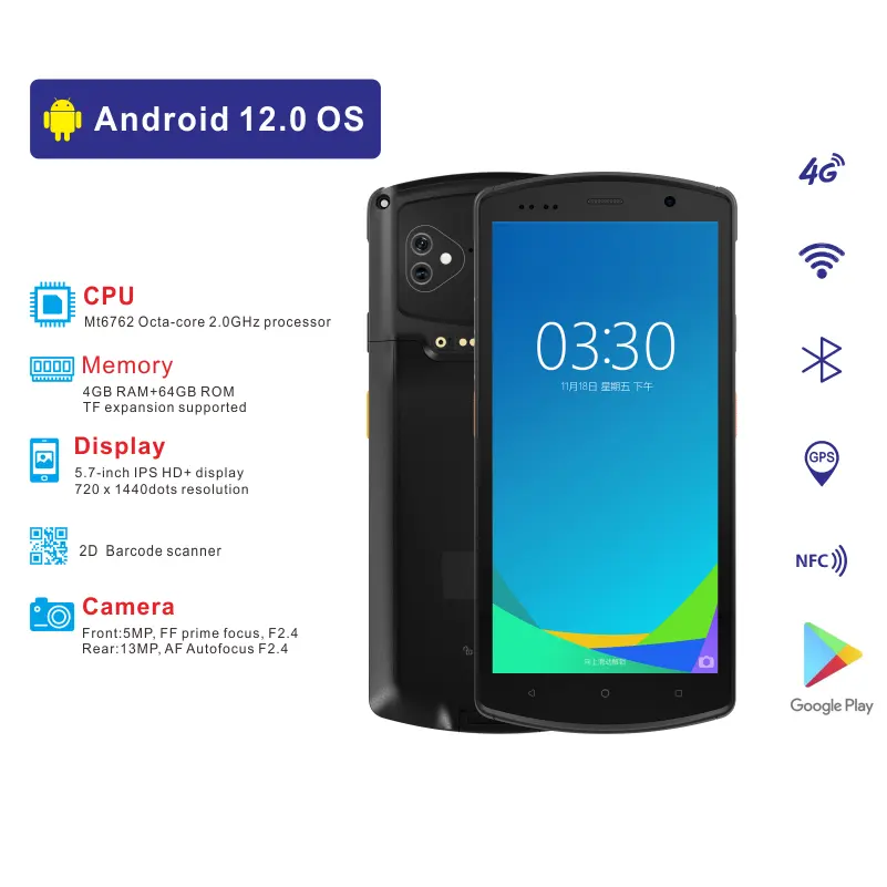 5.7 inch cầm tay PDA Android 12.0 dữ liệu thu công nghiệp logoistic điện thoại thông minh NFC Máy Quét Mã Vạch gồ ghề máy tính di động