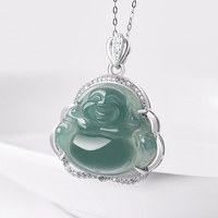 Pendentif Amitabha Bouddha en argent S925, bleu émeraude naturel, avec un pendentif en pierre de jade de qualité glace.