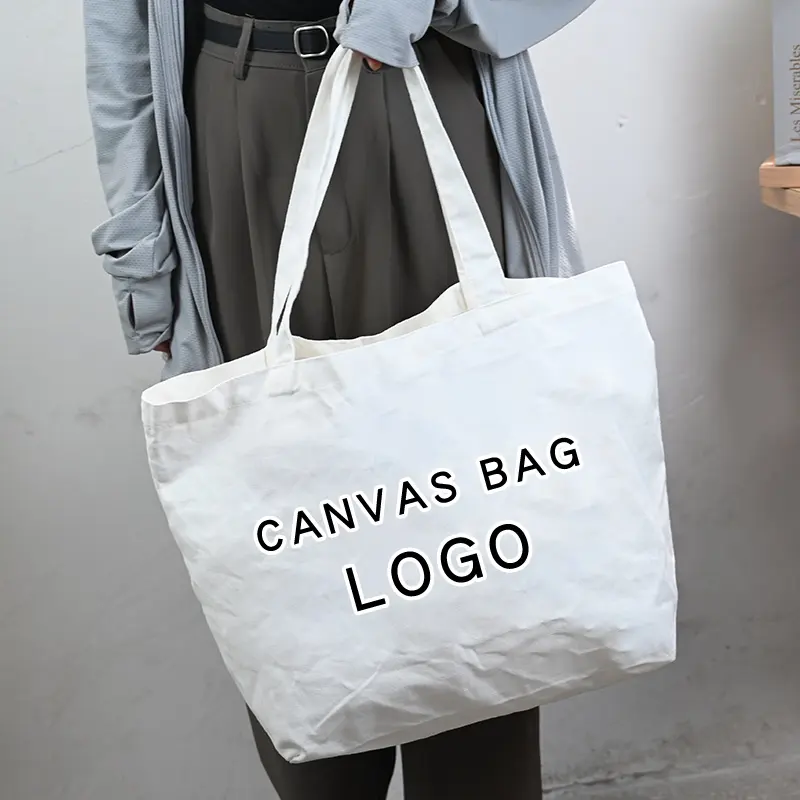 Bolso de mano de lona de algodón con logotipo impreso personalizado grande blanco en blanco de verano con bolsillo y cremallera