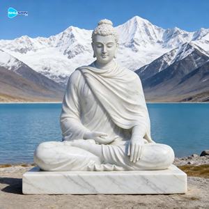 Handgemaakt design, natuurlijk massief wit marmeren Boeddha zittend op lotus standbeeld voor tuin & villa - Product Image 3
