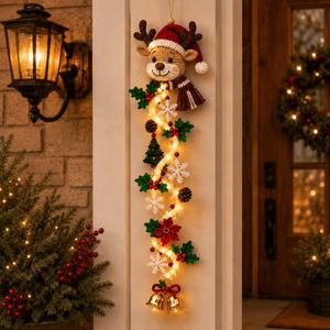 Home Holiday Decor Crochet Santa Reindeer Snowman <b>Angel</b> Design <b>Lighted</b> Garland Pendant Glowing Christmas Door Hanger - Product Image 2
