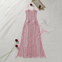 Nouvelle Robe de Nuit Longue INS Rose à Fleurs 3D et Paillettes, Bretelles Fines, Volants, Transparente, Sexy, Lingerie Féminine