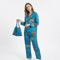 Ensemble de pyjama en coton à imprimé floral bleu pour femmes, manches longues, col en V, pantalon long jusqu'aux chevilles, doux, respirant, séchage rapide, vêtements de nuit décontractés
