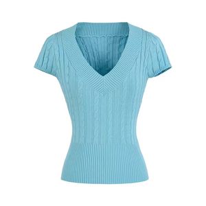 V-Neck Short-Sleeve Knit T-Shirt Top for Women Slim Fit Sexy/Versatile Style - Product Image 3