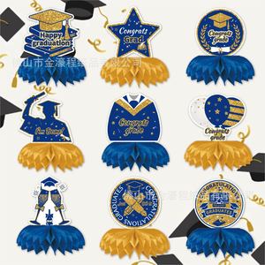 Adornos de panal de abeja para graduación, decoraciones de mesa en azul y dorado para la fiesta de graduación universitaria, decoración de escena de estilo moderno - Product Image 1
