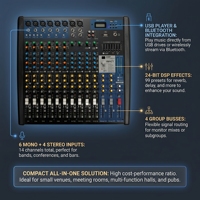 Console de mixage analogique 14 canaux - Utilisation professionnelle audio et DJ, Bluetooth intégré, enregistreur intégré, enregistrement USB
