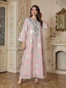 Vestido Abaya Maxi Floral Jacquard para Mujer, Elegante, Holgado, Cuello en V, Manga Larga, Estilo Kaftan Musulmán - Product Image 2