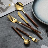 SANOSH Restaurant Qualité Couverts Ensemble En Acier Inoxydable Cuillère Fourchette Couteau avec Manche En Bois En Plastique Élégant Argent Couverts