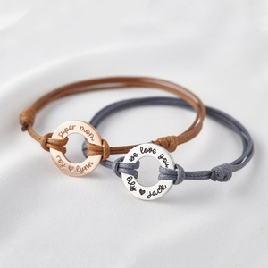 Wholesale Women <b>Men</b> Bracelet logo Name Engraved Custom Round Charm Stainless Steel Leather Braided Bracelet - Product Image 2