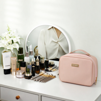 Sacs à maquillage en cuir PU, sac à cosmétiques à 3 compartiments, séparateur de pinceaux en TPU, organisateurs de voyage de grande taille pour femmes, 4 couleurs, poignée, vente en gros OEM
