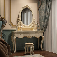 Meuble de chambre en gros : Coiffeuse 1 tiroir avec miroir pour fille, style français, en bois antique