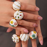 Anillo Ancho de Acero Inoxidable Chapado en Oro con Madreperla y Esmalte para Mujer, Joyería Bohemia Floral Colorida, Regalo
