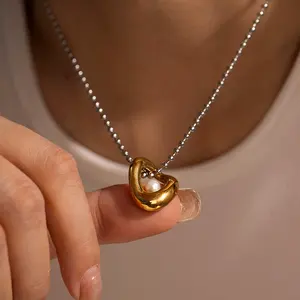 DEYIN Design Gold Silver Combine Pendant Necklace Stainless Steel Hollow Circle Pearl Necklace For Women