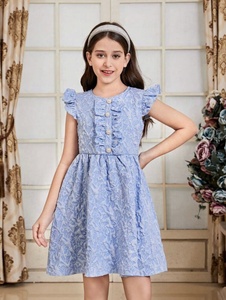Boda nupcial Jacquard telas textiles para hacer Tween Girl Ruffle Trim vestido con botón y manga aleteo ropa - Product Image 5